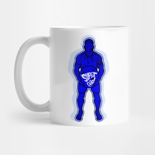 lifting weights with super dad typography in blue Mug